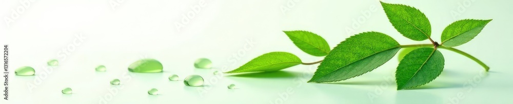 Isolated green plant on white background with few scattered droplets of water, closeup, botanical, foliage Isolated green plant on white background with few scattered droplets of water, closeup, botanical, foliage