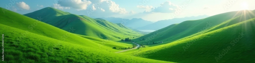 Fototapeta premium Deep green slopes, sunlit crests, shadows in valleys , awe-inspiring, stunning