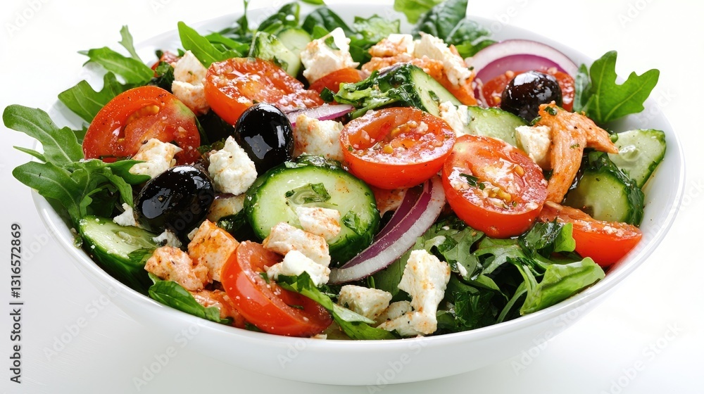 Fresh and Colorful Salad Prepared with Cucumbers, Tomatoes, Olives, Feta Cheese, and Red Onions in a White Bowl on a Clean Surface Fresh and Colorful Salad Prepared with Cucumbers, Tomatoes, Olives, Feta Cheese, and Red Onions in a White Bowl on a Clean Surface