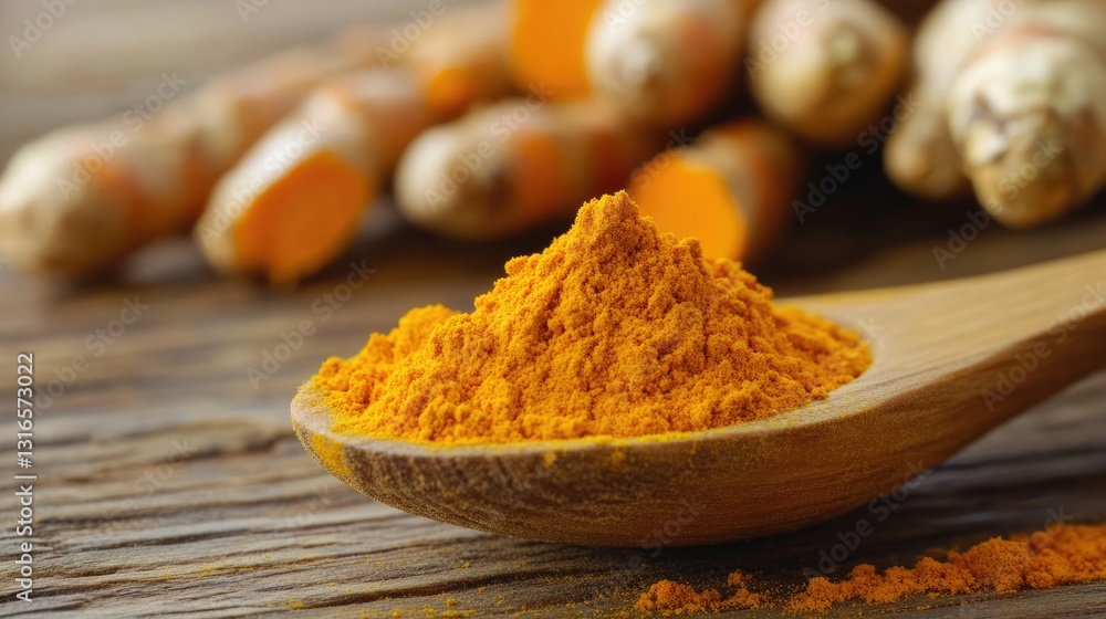 A wooden spoon filled with turmeric powder and fresh turmeric roots beside it. A wooden spoon filled with turmeric powder and fresh turmeric roots beside it.