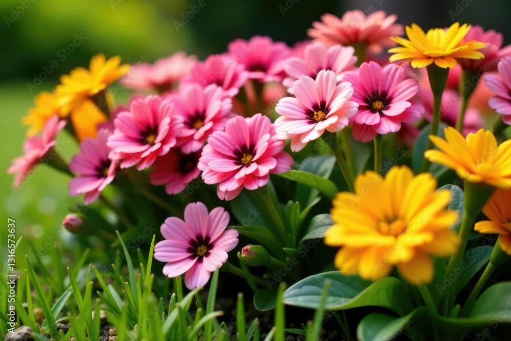 Primulas in shades of pink and yellow on a bed of grass, colorful, garden Primulas in shades of pink and yellow on a bed of grass, colorful, garden