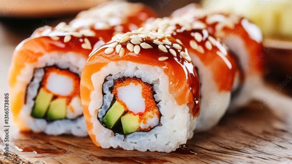 Colorful Sushi Rolls with Eel Sauce and Sesame Seeds Colorful Sushi Rolls with Eel Sauce and Sesame Seeds