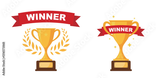 Best champions cup trophy vector design. Champion cup winner trophy award with laurel wreath. Winner trophy gold cup with red ribbon isolated on white background.