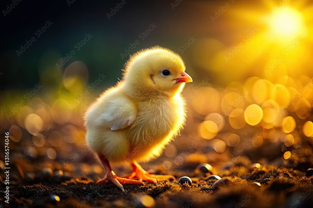 Golden hour bathes a fluffy yellow chick, nestled in garden shadows, a delicate dusk portrait. Golden hour bathes a fluffy yellow chick, nestled in garden shadows, a delicate dusk portrait.