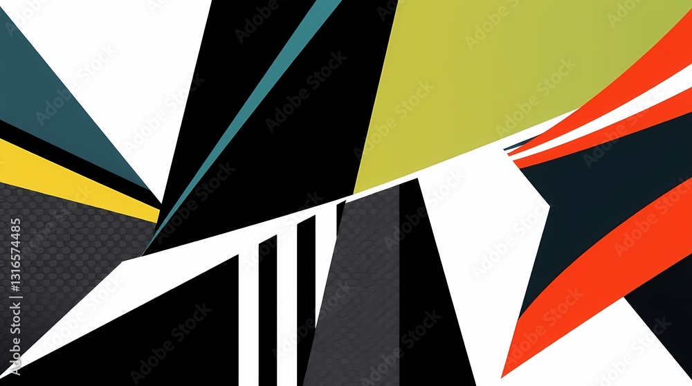 Obraz premium Abstract Geometric Pattern: Vibrant, graphic design featuring abstract geometric shapes in contrasting colors - black, red, white, green, blue, yellow - creates a dynamic visual composition.