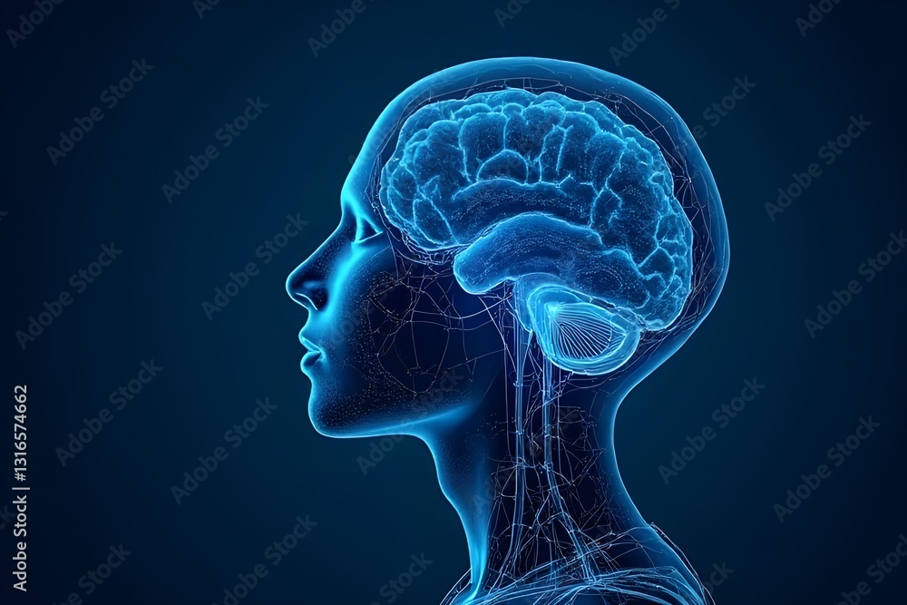 Detailed Anatomical Side Profile of Human Head with Brain and Nervous System Detailed Anatomical Side Profile of Human Head with Brain and Nervous System