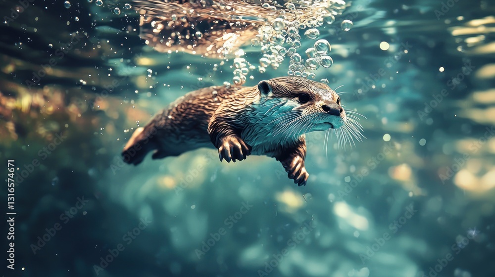Obraz premium Otter swimming underwater, bubbles rising.