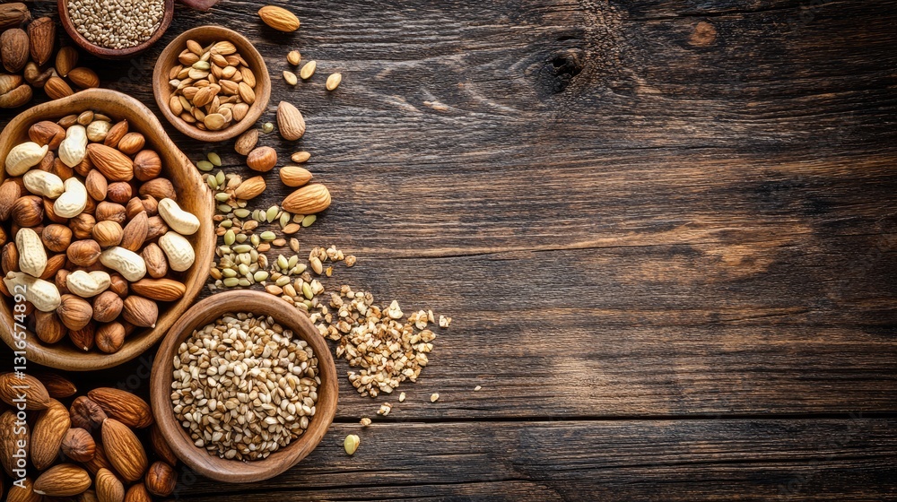 A wooden table with various brain-boosting nuts and seeds spread across. A wooden table with various brain-boosting nuts and seeds spread across.