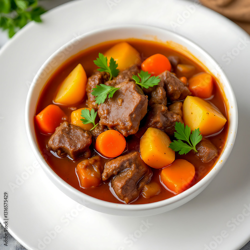 Hearty beef stew with carrots and potatoes in a white bowl. Traditional comfort food, slow-cooked and flavorful. Close-up, studio shot.