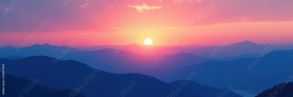 Fototapeta premium Softly glowing sunset behind layered blue mountains with a gradient sky,, colors