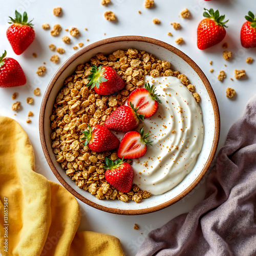 Granola with yogurt and fresh strawberries in a bowl. Healthy breakfast or snack with scattered granola and a spoon. Top view, bright and airy.