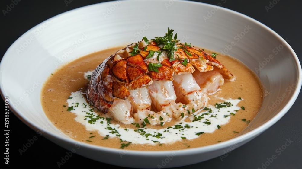 Creamy Bisque with Lobster and Parsley Garnish Creamy Bisque with Lobster and Parsley Garnish