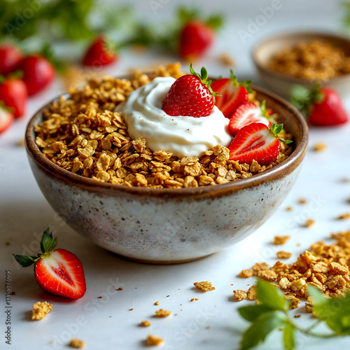 Granola with yogurt and fresh strawberries in a bowl. Healthy breakfast or snack with scattered granola and a spoon. Top view, bright and airy.