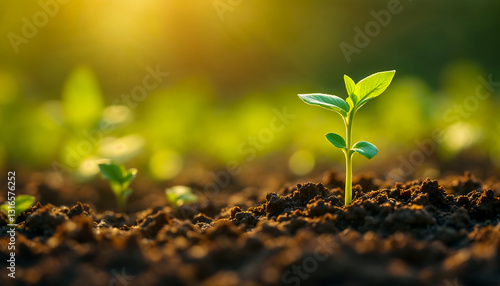 Small seedling growing in soil with blurred background. New life, growth, and spring concept. Symbol of hope and fresh start.
