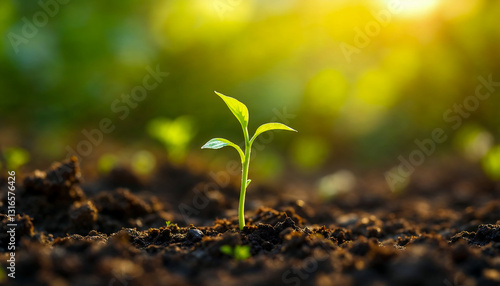 Small seedling growing in soil with blurred background. New life, growth, and spring concept. Symbol of hope and fresh start.