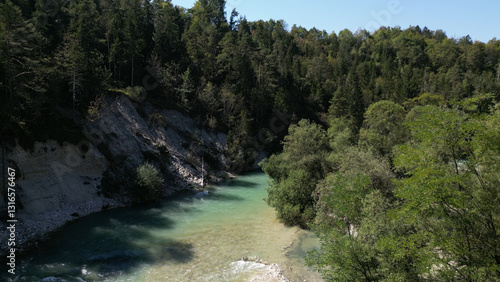 Aerial View of Alpine River in Slovenia – Stunning Mountain Landscape