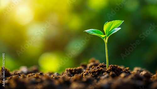 Small seedling growing in soil with blurred background. New life, growth, and spring concept. Symbol of hope and fresh start.