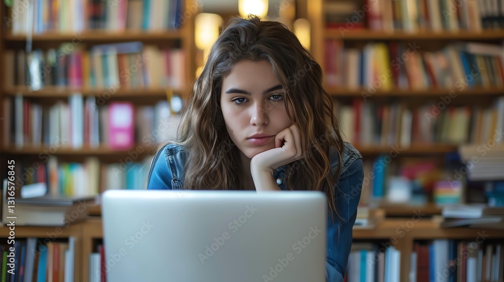 A young woman sits in a library, looking thoughtfully at her laptop. A young woman sits in a library, looking thoughtfully at her laptop.