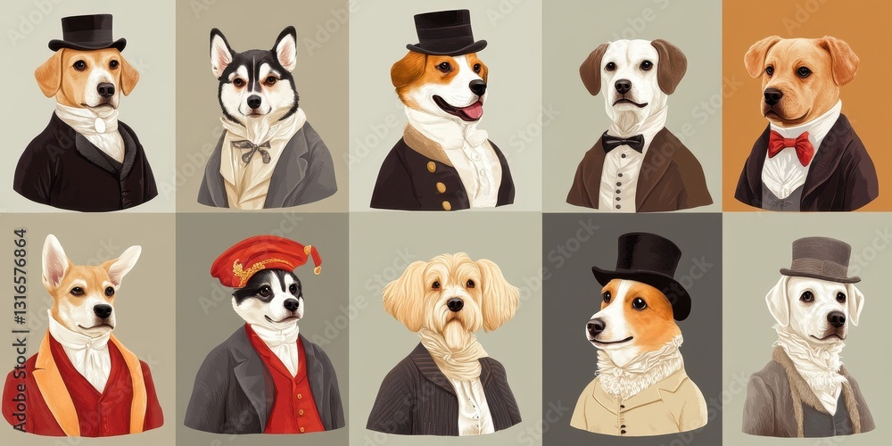 Obraz premium Paintings depicting dogs dressed in various fancy outfits and attire