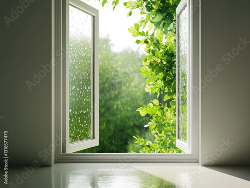 Open window view of refreshing rain and verdant foliage in bright indoor