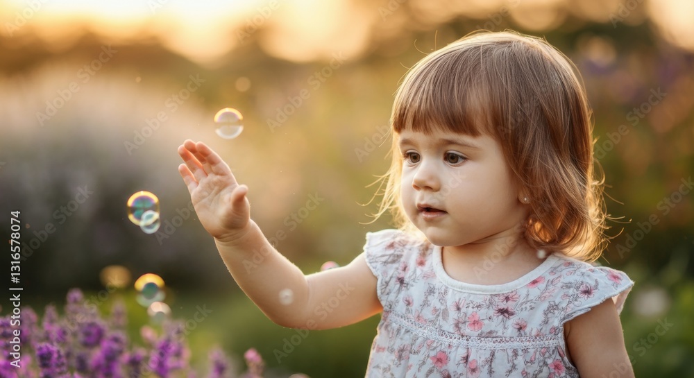 Caucasian female child enjoys bubbles in a sunlit garden setting Caucasian female child enjoys bubbles in a sunlit garden setting
