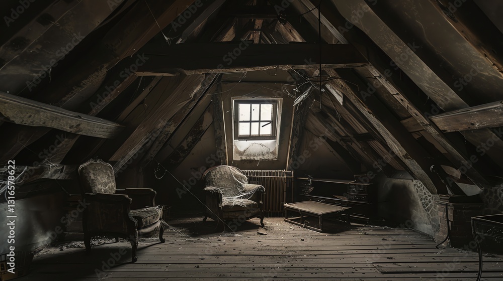 Obraz premium A dusty attic with an old chair covered in cobwebs.
