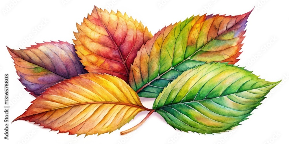 Obraz premium High-resolution watercolor leaf PNGs: autumn, spring, and green, isolated on transparent backgrounds, deep depth of field.