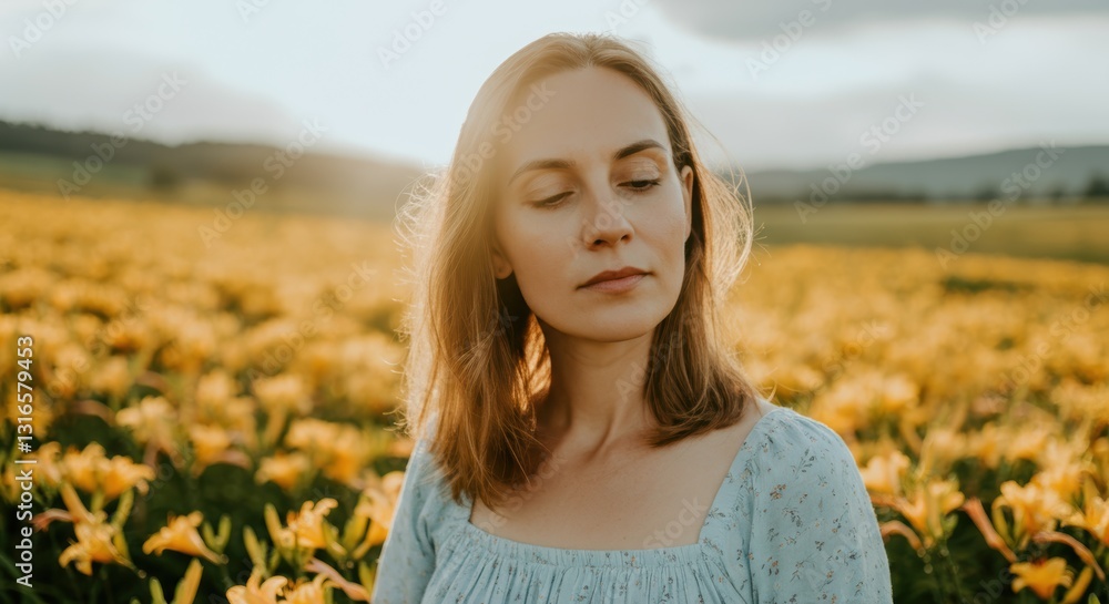 Young caucasian female posing in field of yellow flowers at sunset Young caucasian female posing in field of yellow flowers at sunset