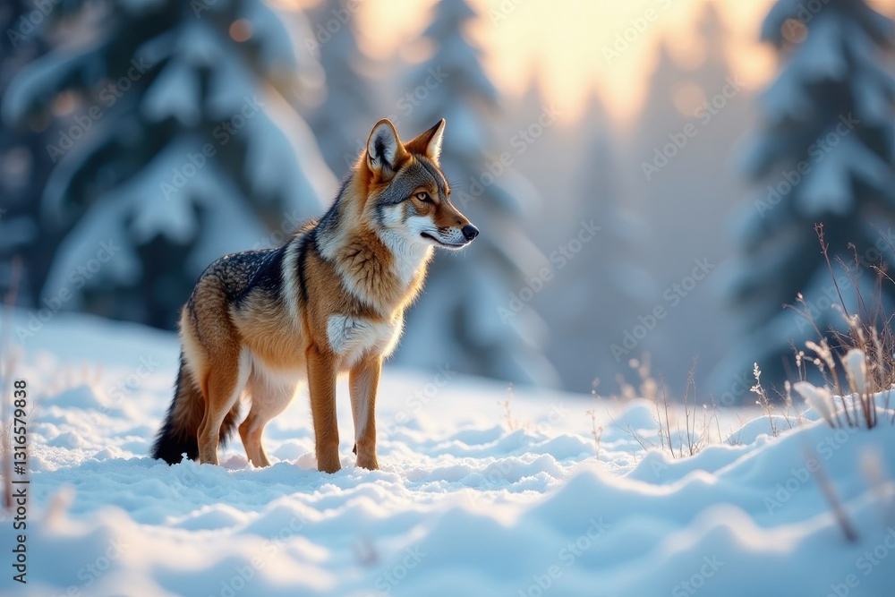 Fototapeta premium Lone coyote in snowy wilderness, winter scene, hunting, winter scene, isolated