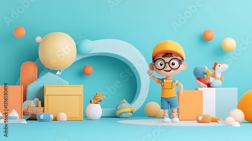 Cheerful Boy 3D Render: Playful Scene with Pastel Toys AI Generated