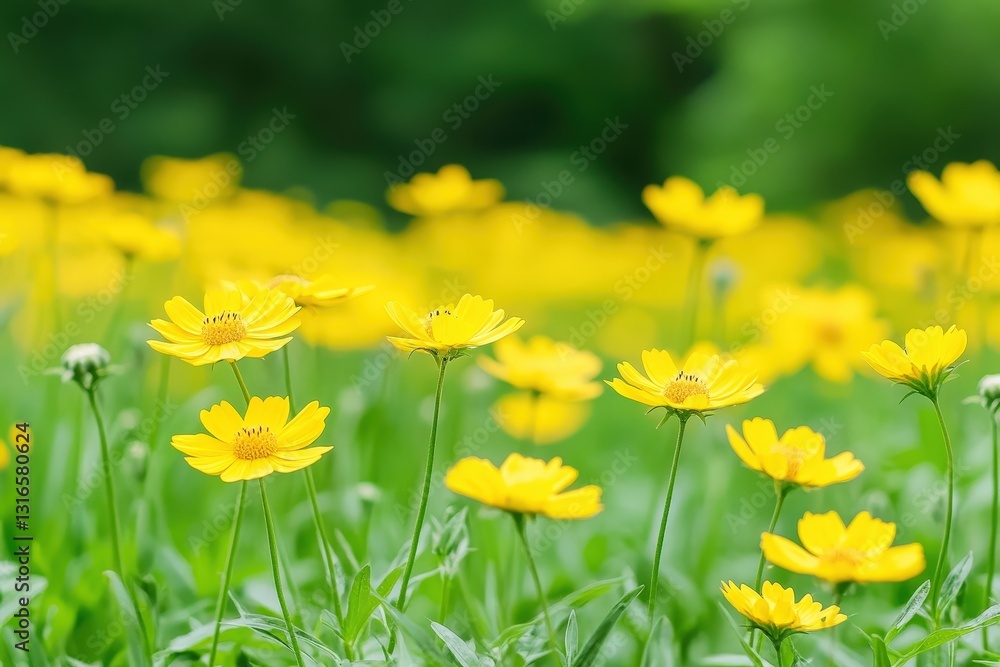 A vibrant field of yellow flowers blooms against a lush green background, creating a cheerful and lively scene. A vibrant field of yellow flowers blooms against a lush green background, creating a cheerful and lively scene.