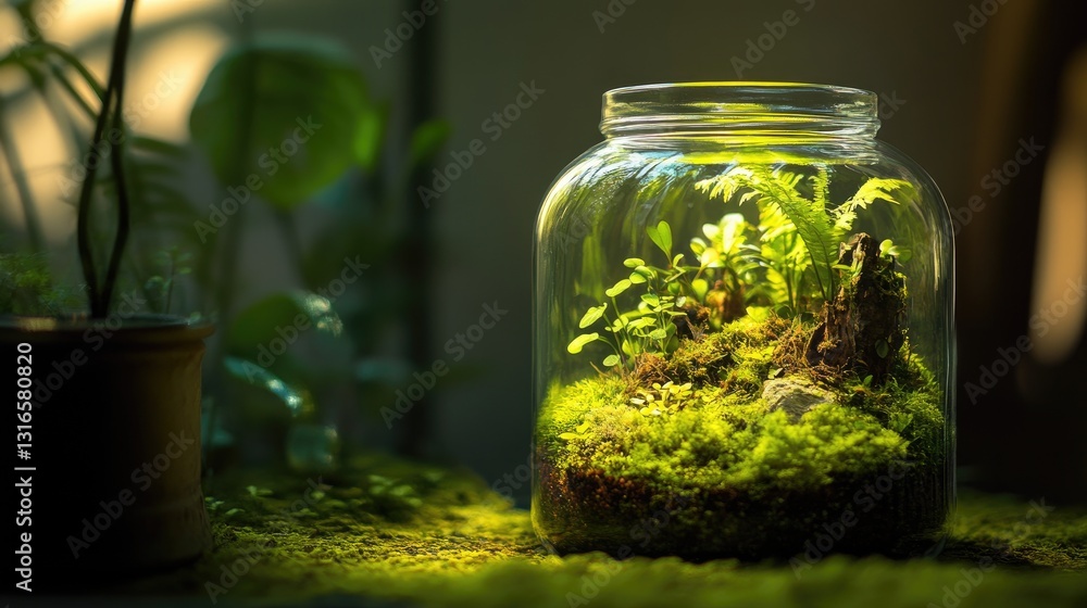 Enclosed ecosystem, A verdant miniature world thriving within a glass jar Enclosed ecosystem, A verdant miniature world thriving within a glass jar