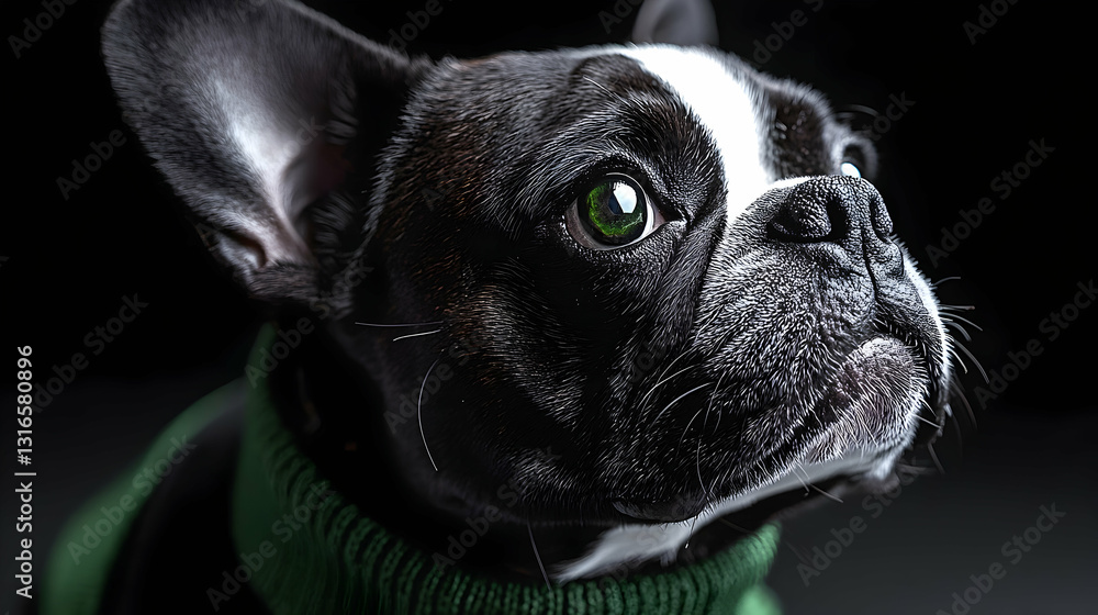 A close up view of a domestic dog looking upwards