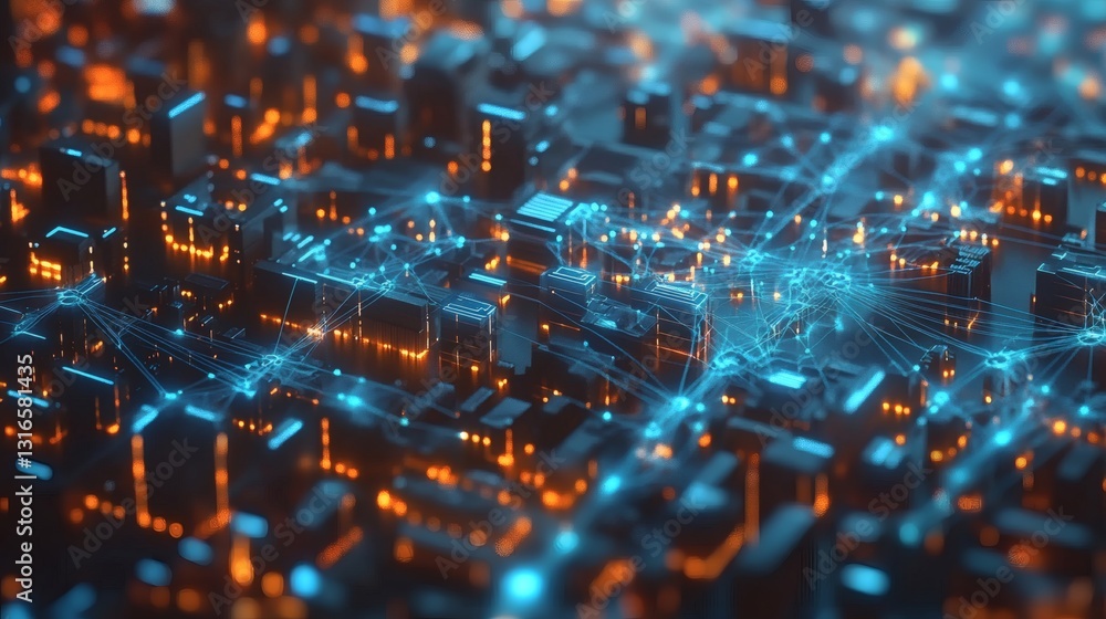 Obraz premium Futuristic Cityscape with Interconnected Network and Advanced Infrastructure