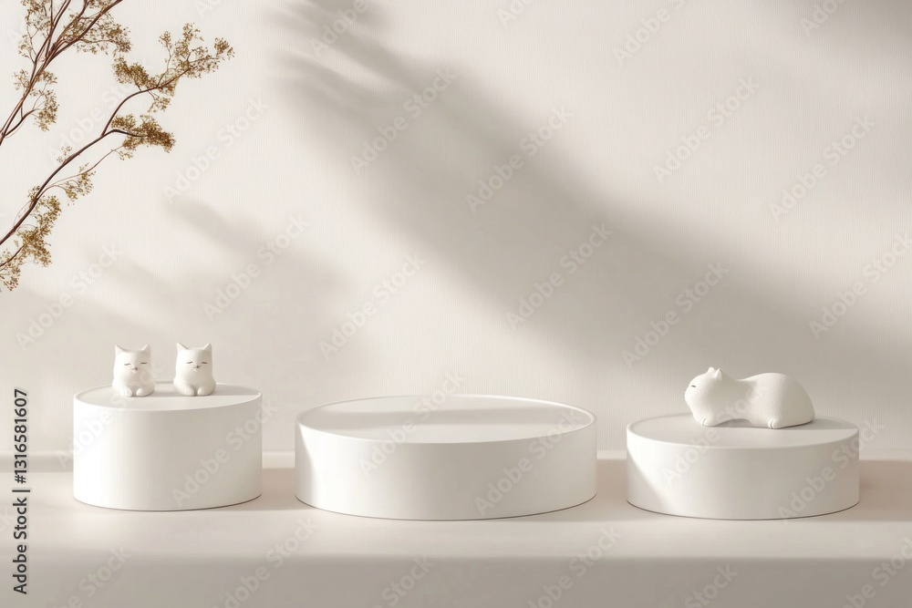 Minimalist white podiums with cat figurines and dried flowers. Minimalist white podiums with cat figurines and dried flowers.