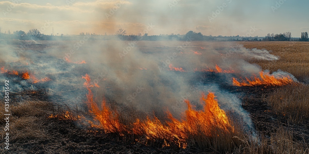 Fototapeta premium Burning field fire with billowing smoke over a farm, highlighting the dangers of arson and the need for immediate response.