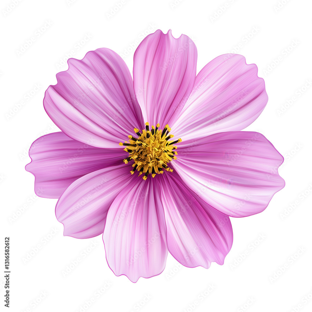 Cosmos Flower: This image presents a stunning cosmos flower with delicate pink petals radiating outward from a vibrant yellow center, perfectly captured with remarkable detail and clarity. Cosmos Flower: This image presents a stunning cosmos flower with delicate pink petals radiating outward from a vibrant yellow center, perfectly captured with remarkable detail and clarity.