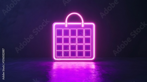 Bright neon calendar icon in electric purple and white with soft glow on dark matte background

