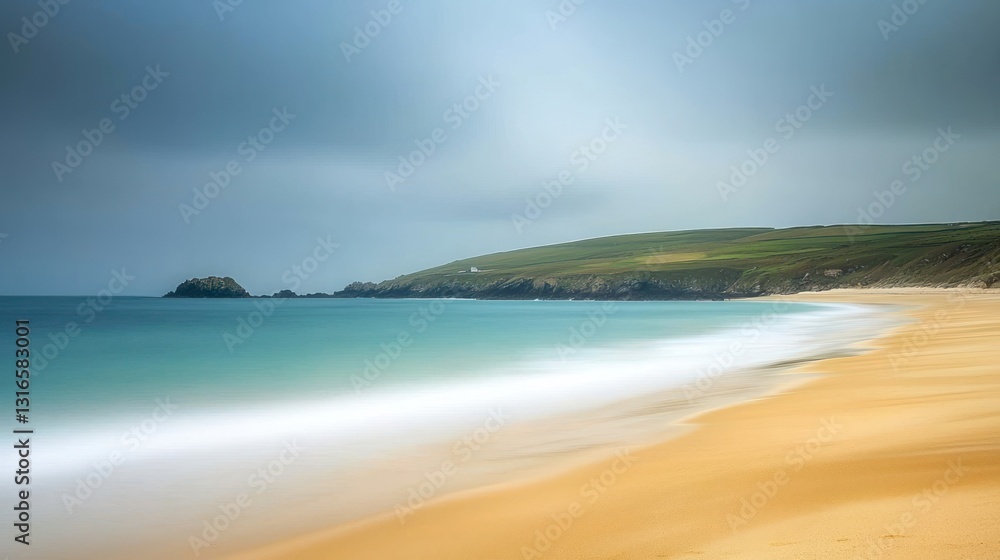 Serene coastal landscape with sandy beach, gentle waves, and green hills under a cloudy sky. Serene coastal landscape with sandy beach, gentle waves, and green hills under a cloudy sky.