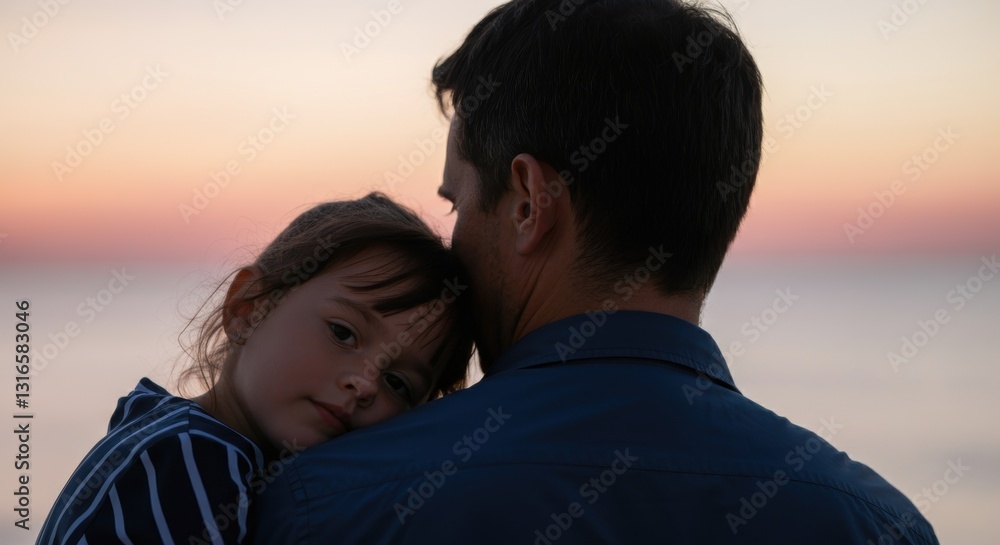 Father and daughter embracing at sunset beach Father and daughter embracing at sunset beach