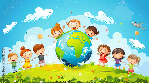 Vector cartoon illustration of group of children holding hand around the Globe. ,Earth day concept.