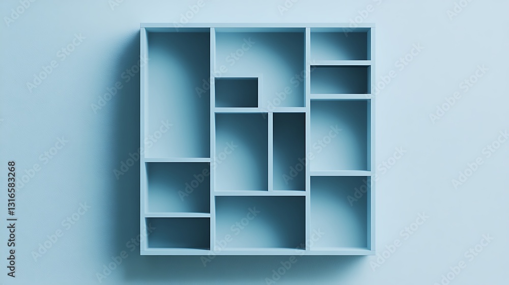Chic light blue icon of a modern bookshelf with neat compartments and geometric shapes on a plain white canvas Chic light blue icon of a modern bookshelf with neat compartments and geometric shapes on a plain white canvas