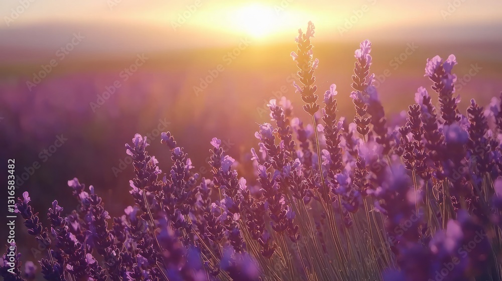 Naklejka premium Sunset over a field of lavender flowers.