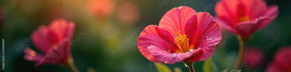 Droplets of rain cling to evening primrose petals, spring, petal details Droplets of rain cling to evening primrose petals, spring, petal details