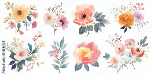Beautiful watercolor floral bouquets display an array of various lovely blooms