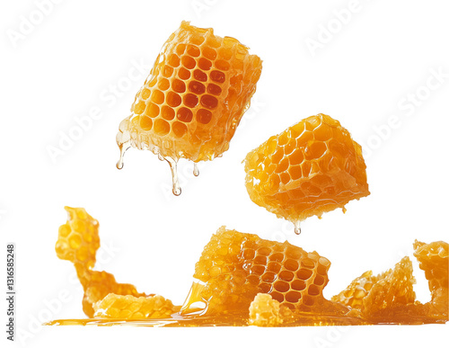 Sweet Honeycombs with honey drops falling isolated on transparent background