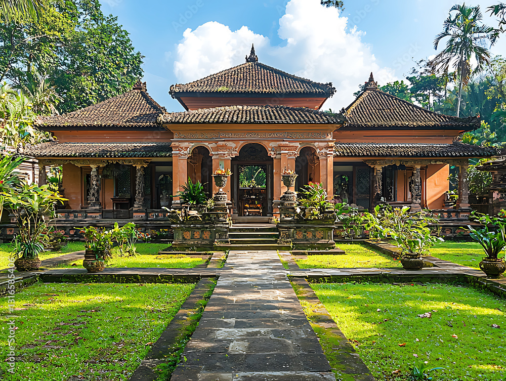 Ornate Balinese building with terracotta roof tiles set amidst a lush green garden under a partly cloudy sky. Ornate Balinese building with terracotta roof tiles set amidst a lush green garden under a partly cloudy sky.