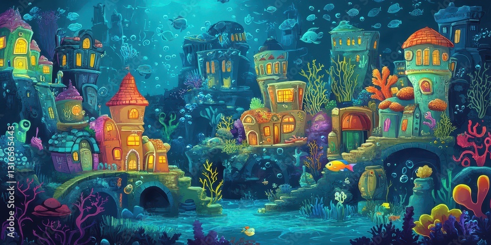 Obraz premium Colorful Underwater City Displaying Whimsical Architecture Structures and Marine Life