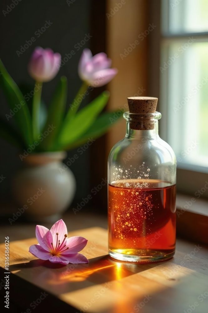 Hanging glass bottle filled with fragrance oils on a wooden table,, fragrance Hanging glass bottle filled with fragrance oils on a wooden table,, fragrance
