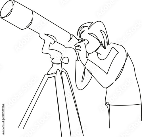 One continuous single drawing line art flat doodle woman astronomy telescope exploration astronomer science scientist. Isolated image hand draw contour on a white background, hand drawn, not AI